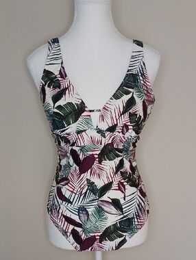 Turquoise Couture Tropical Leaf Print One-Piece Swimsuit Size Medium